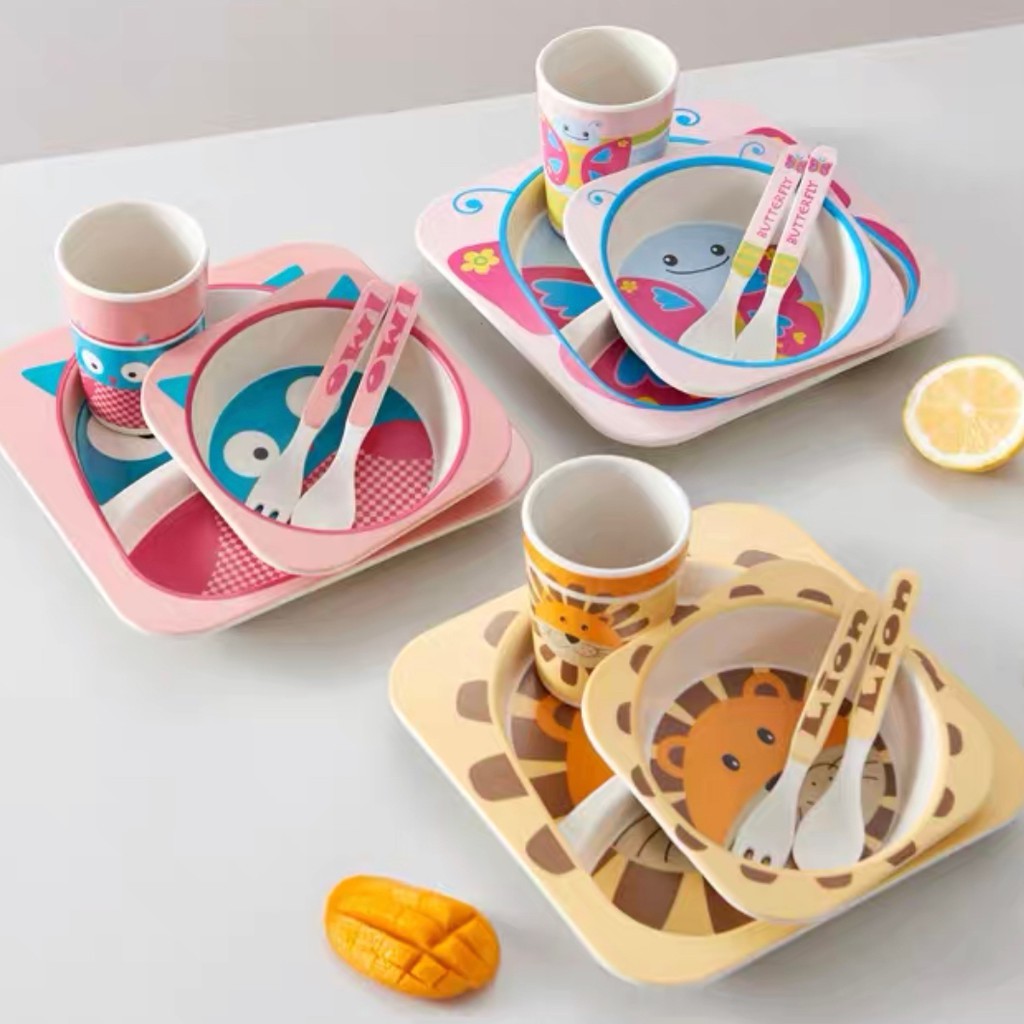 dailyhome Kids Dinnerware Set Natural Bamboo Fiber 5 Piece Set With Plate Bowl Cup Spoon Fork BPA Fr Shopee Philippines