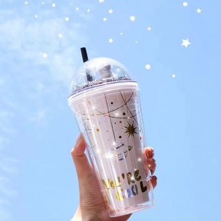 1pc 750ml Double Layer Plastic Cup With Straw, Simple-style Milk Tea Water  Cup, Large Capacity Household Drinking Cup