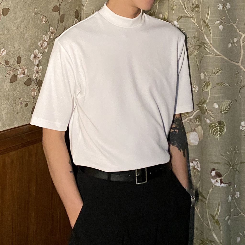 Korean Half Turtleneck Loose Elbow Cut Short Sleeve Plain Casual T shirt For Men Solid Fashion Trend Basic Summer Tshirt