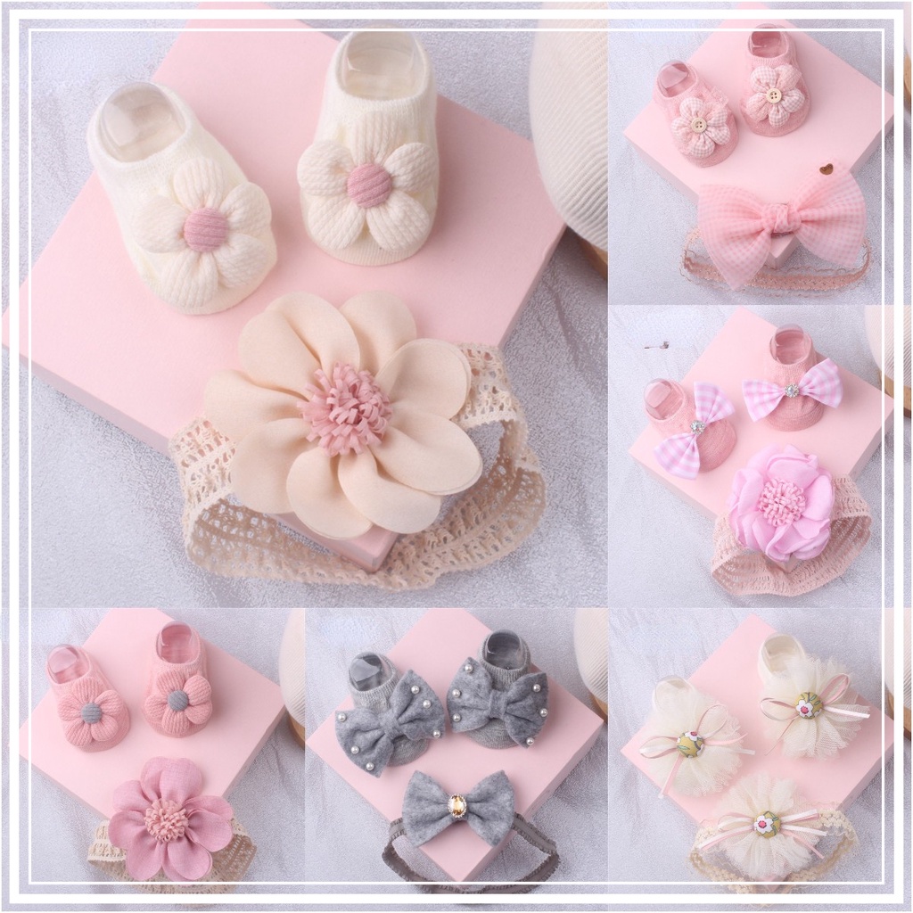 2pcs/set Sock+Headband Baby Headband Socks Set Baby Grils Breathable