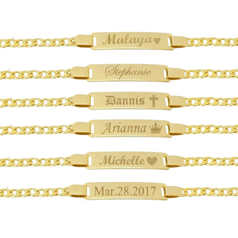 Vnox 2 Side Engraved Gold Plated Personalized Baby ID Bracelet Name