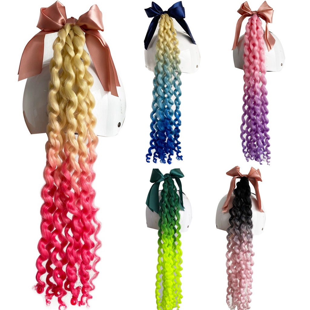 1pc 14inch Helmet Pigtails with Bows Gradient Ramp Helmet Curly