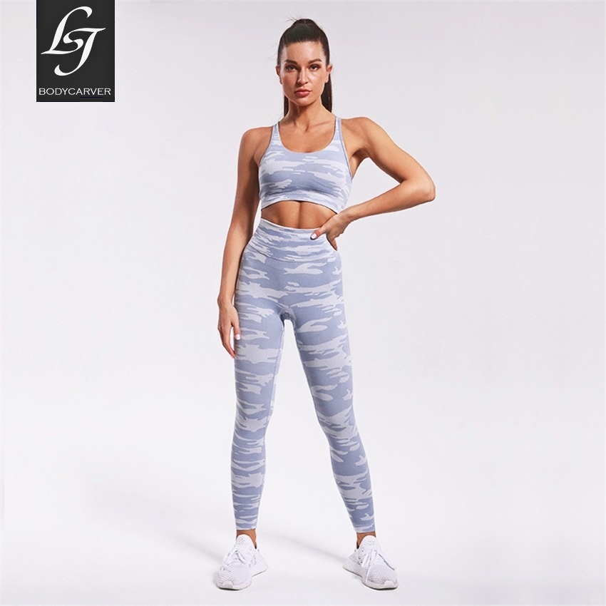 Camouflage Sport Set Women Female 2pcs Two Piece Crop Top High Waist  Leggings Sportsuit Workout Outfit Fitness Gym Wear Yoga Set