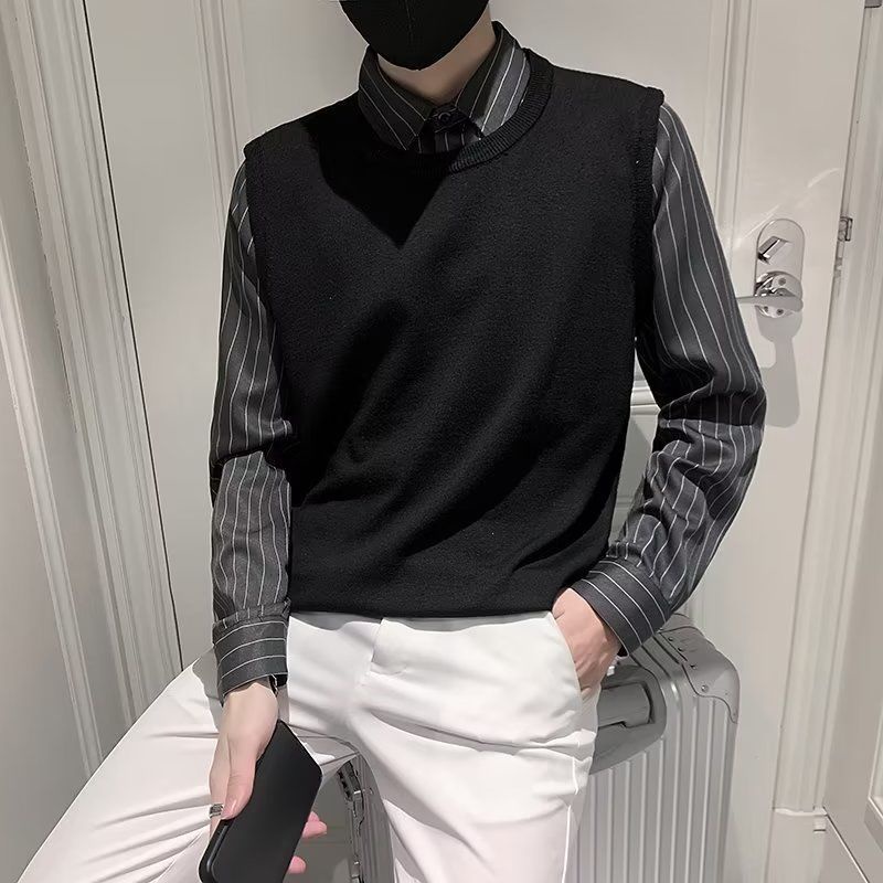 Fake Two Piece Pullover Sweater Men S Autumn Winter Slim Fit Trendy New