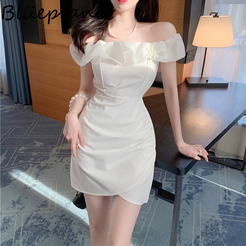 2022 Summer Women chic Ruffles Off Shoulder Slim Short Irregular Dress ...