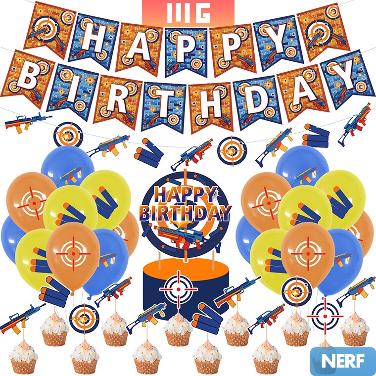 Nerf themed birthday party background decoration set banner cake ...