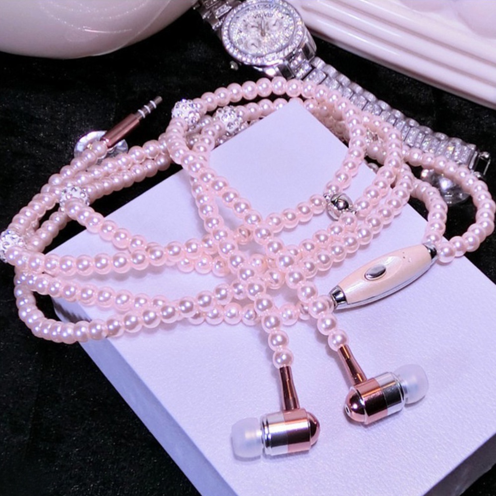 3.5mm Pearl Necklace Earphone with Mic InEar Stereo Pink Rhinestone