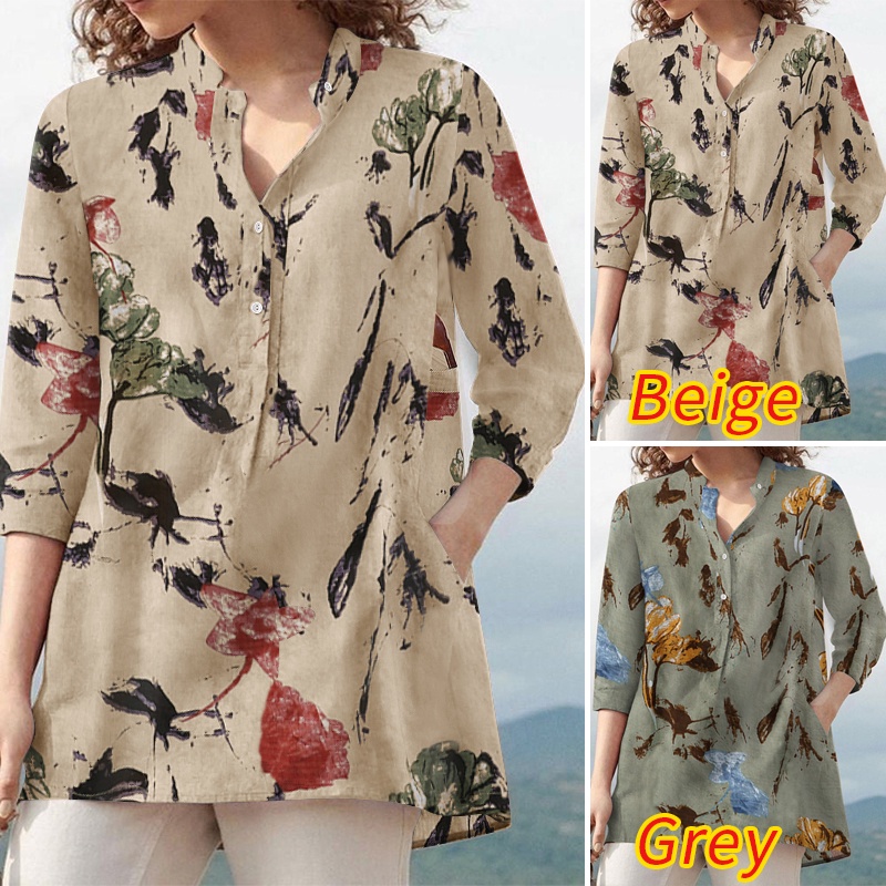 ZANZEA Women 3/4 Sleeve V Neck Floral Printed Button Up Casual Loose Blouse