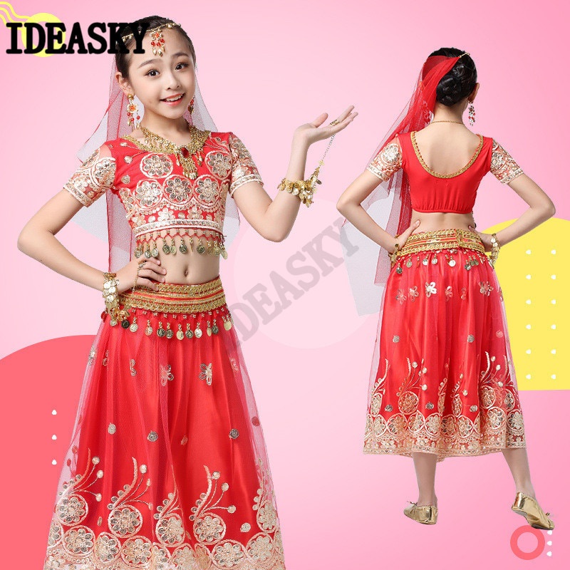 精品Girls Bollywood Dance Costume Set Kids Belly Dance Indian Sari