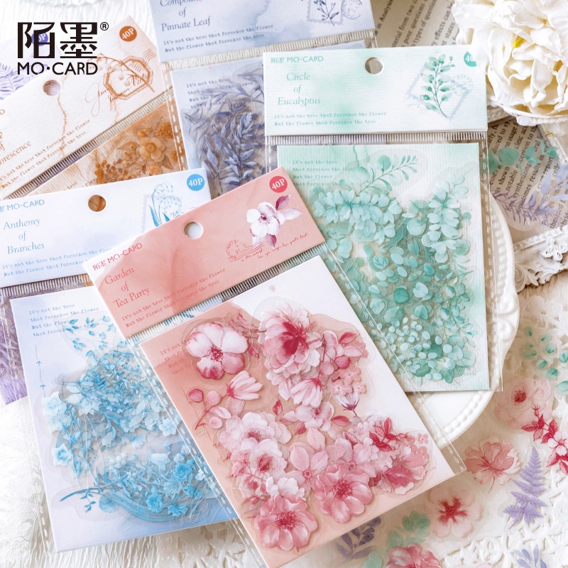 40 Pcs Flowers Leaves Scrapbook Aesthetic Stickers Set Decorative ...