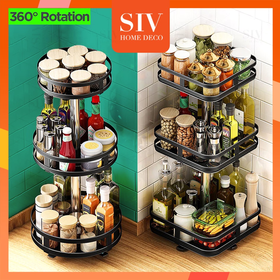 Siv 2/3 Tier 360° Rotating Spice Rack Rotatable Kitchen Seasoning  Condiments Storage Organizer