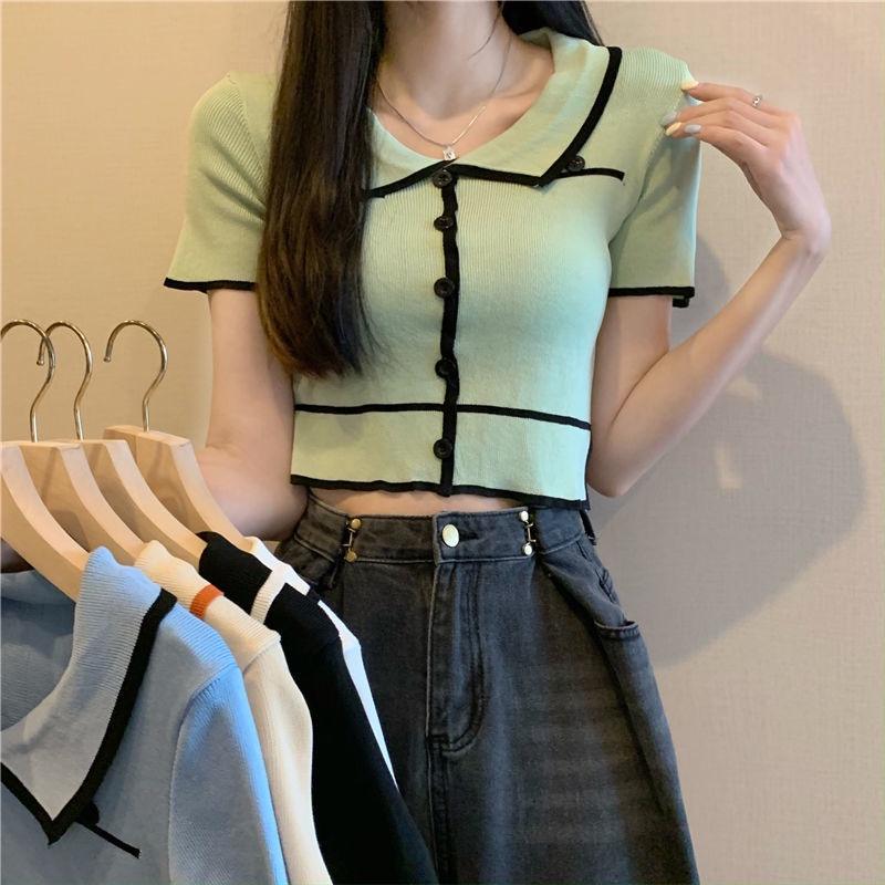 【Spot goods】T-shirt Thin Summer Sweet Polo Collar Short-sleeved Knitted ...