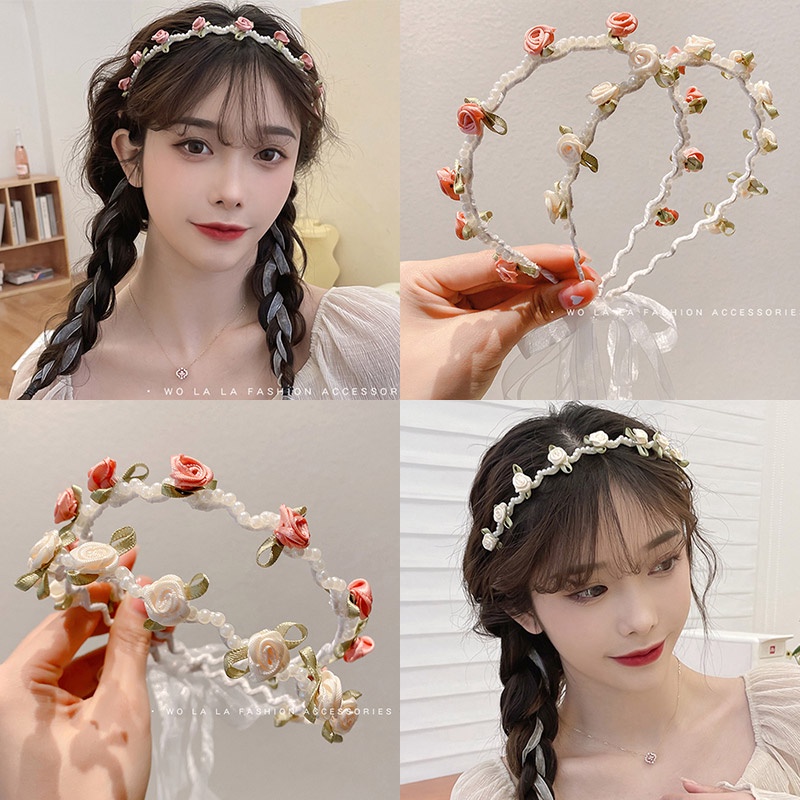 Rose Fairy Headband Streamer Braided Hairband Women's Ribbon Hairbands ...
