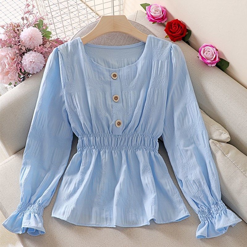 Top Korean Style Women Blouse Long-sleeved Solid Color Shirt Flared ...