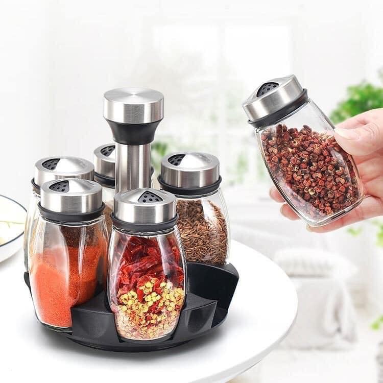 Glass Spice Jar Set With Rotating Lid 6 Piece Shaker Salt Pepper Spice  Shakers