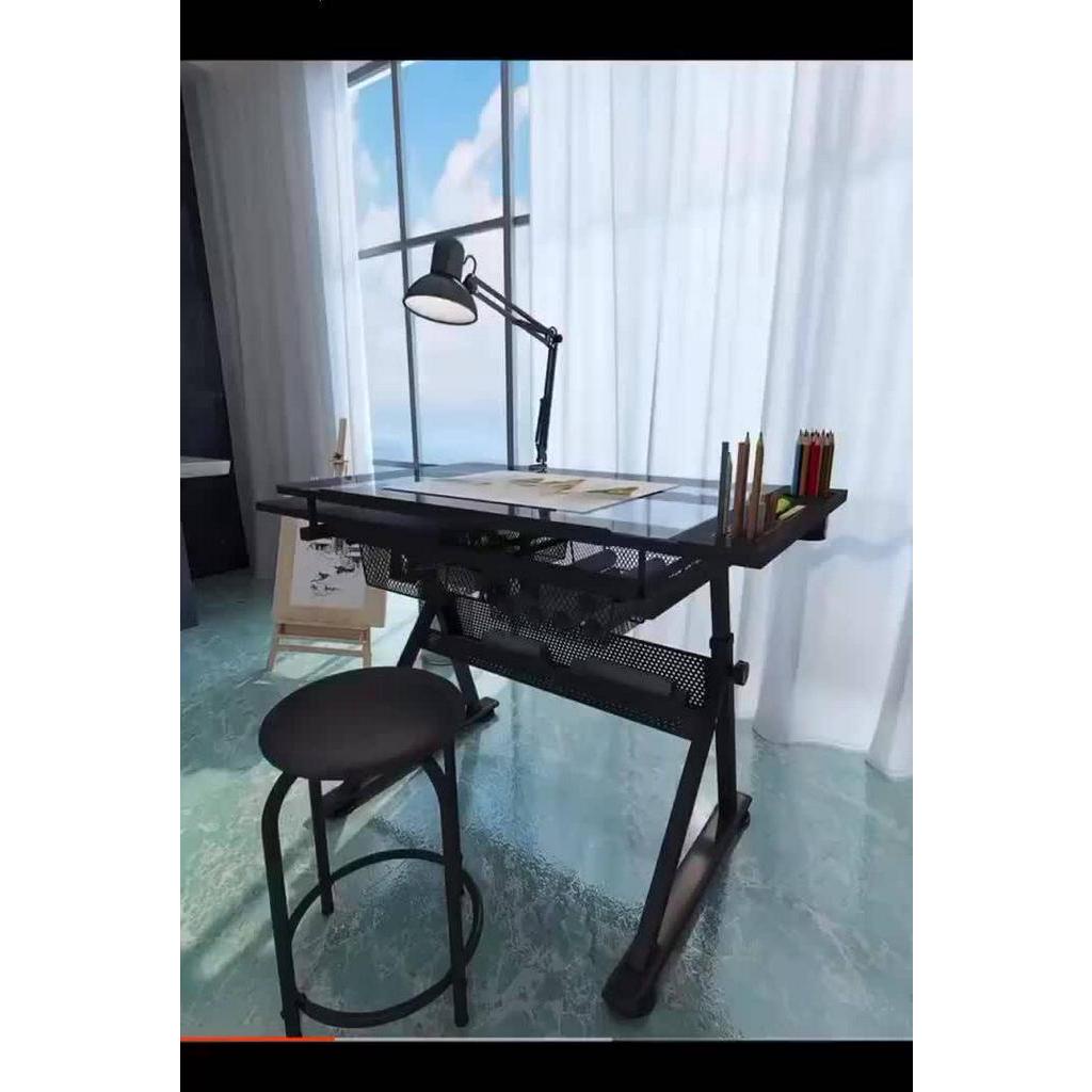 [COD] Drafting Glass Table Height Adjustable Drawing Table Extra Side ...