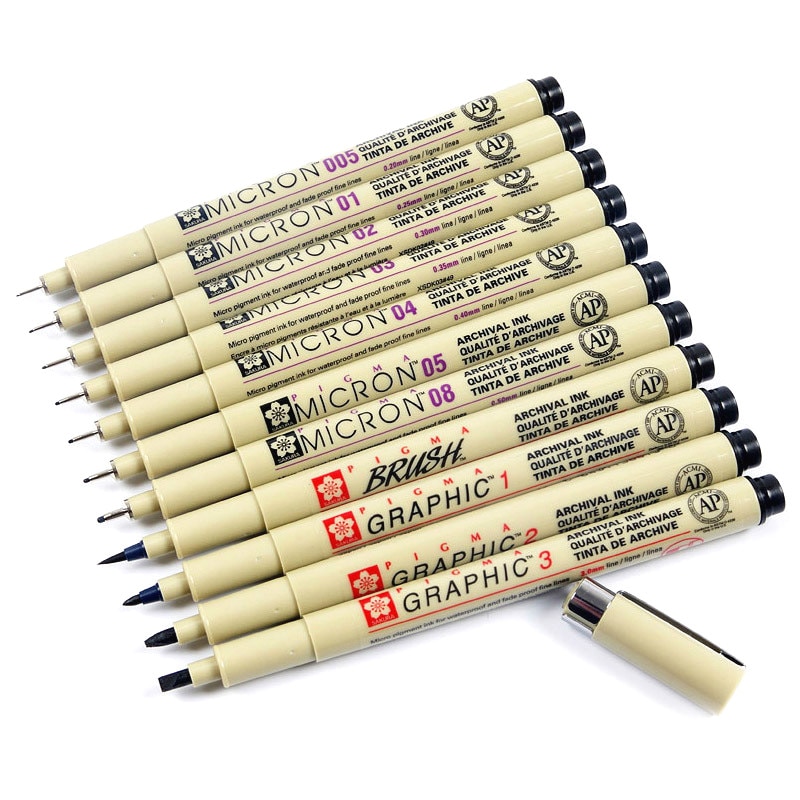 Jupai 9Pcs/set Pigment Liner Micron Sketching Pen Set Neelde Drawing Pens  lot 0.05 0.1 0.2 0.3 0.4 0.5 0.8 1.0 BR Art Markers