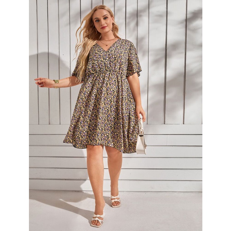 Simplee Ditsy Floral Surplice V-neck Oversize Sleeve Plus Size Dress ...