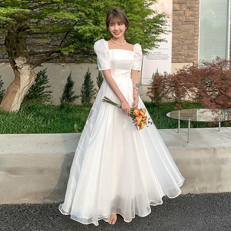 french princess dress French Princess Puff Sleeve Satin Lace Tutu Wedding Dress P2626   PreppyDress