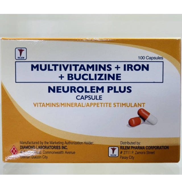 NEUROLEM PLUS (Multivitamins B Complex + Iron + Buclizine) 100 Capsules ...