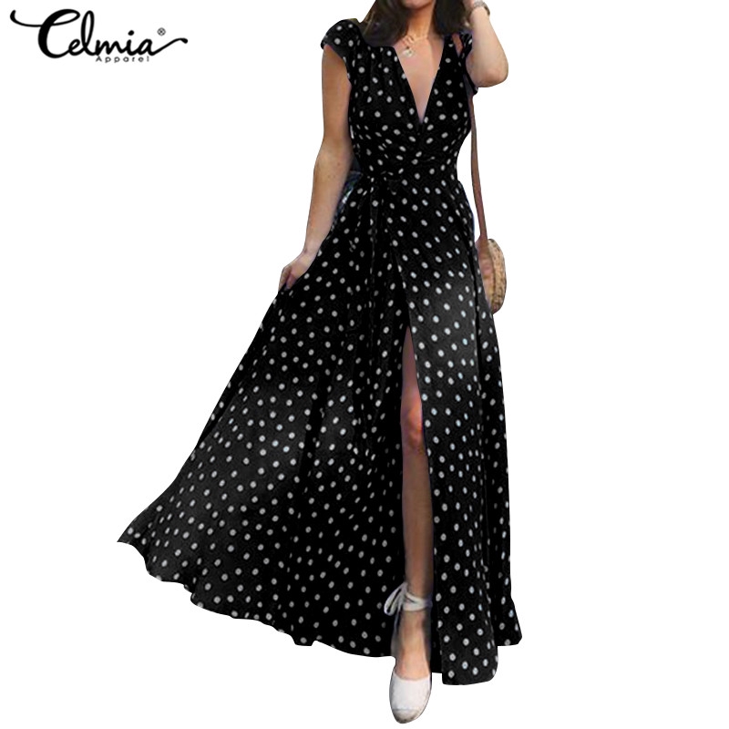 Celmia Women V Neck Polka Dot High Split Party Long Dress | Shopee ...