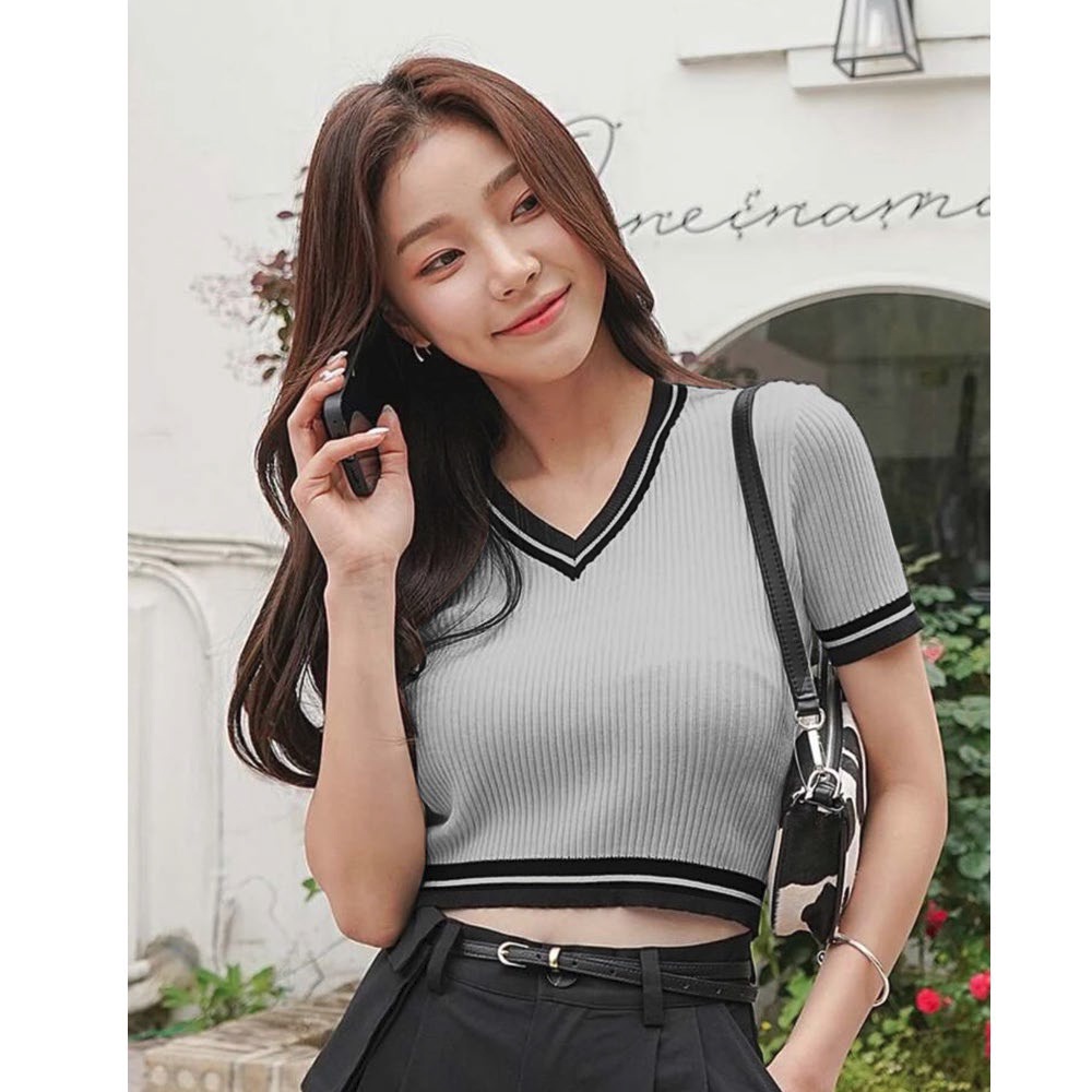 NB Abigail V Neck Ringer Tops Garter Crop Top with Ribbings wt0180 ...