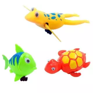 Red and yellow plastic fish-shaped clockwork bath toy in fishing