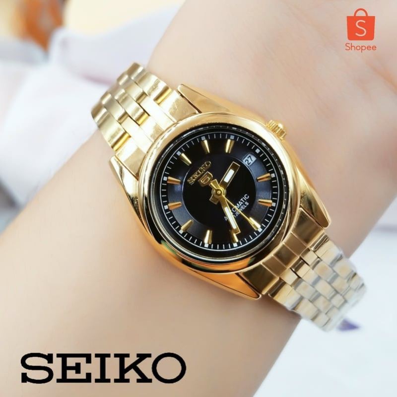 New SEIKO 5 WATCH Automatic Hand Movement Gold Black women s Fashion watch WITH DATE