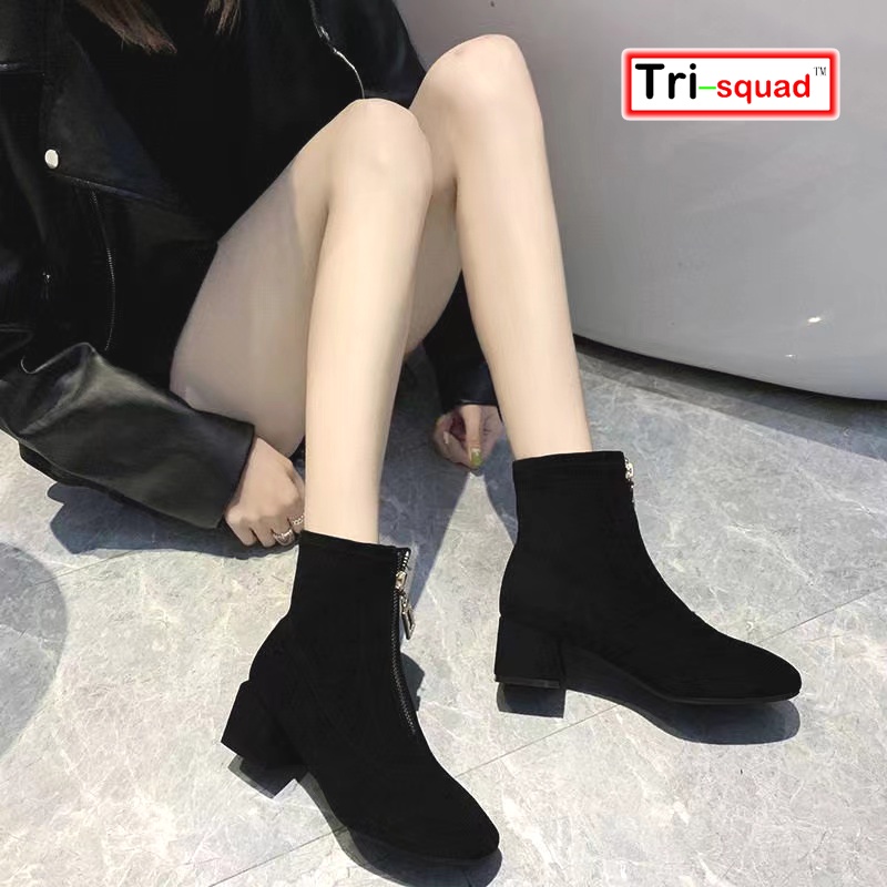 2022 New korean fashion ankle boots with heels and zip riding rubber high cut shoes black for women Shopee Philippines