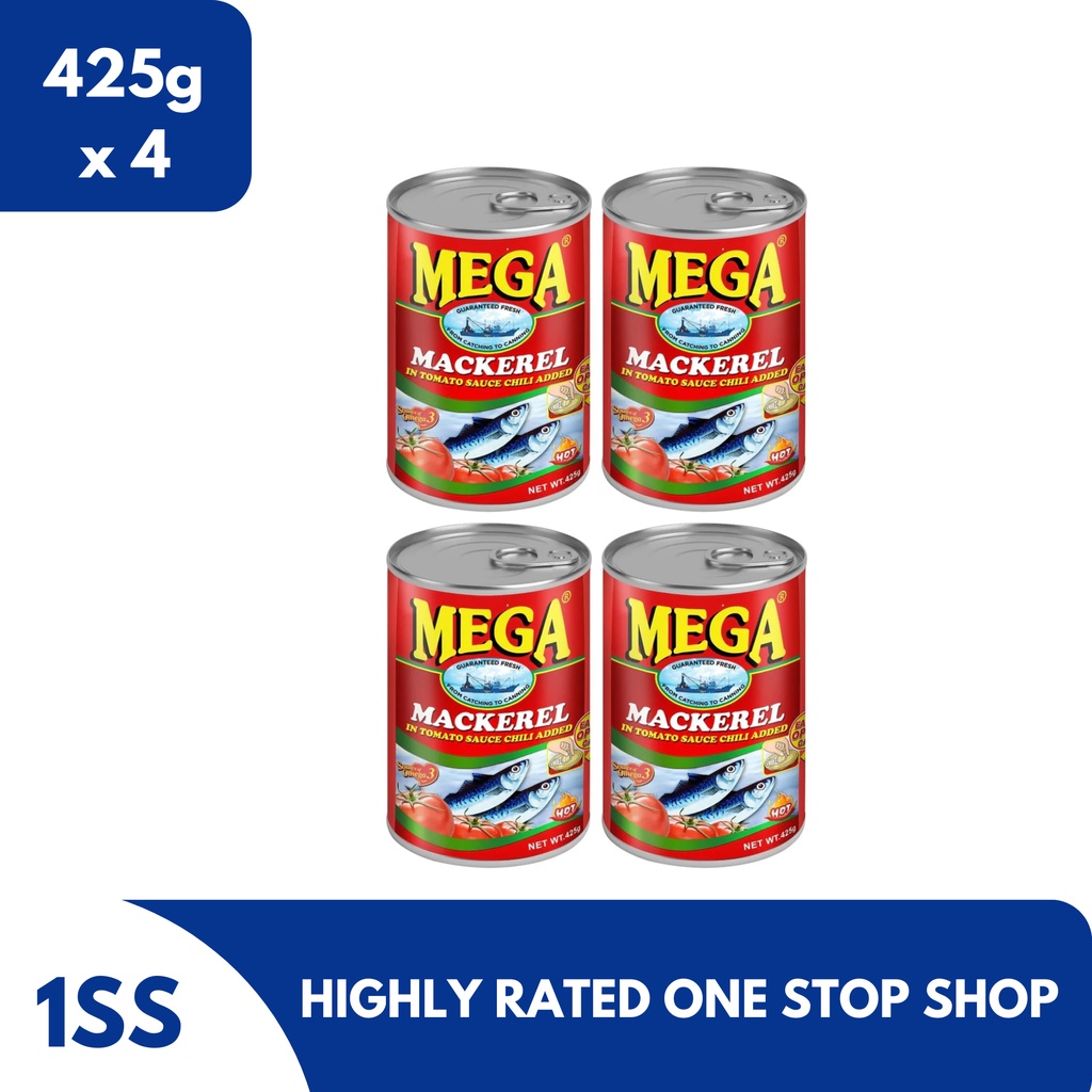 Mega Mackerel in Tomato Sauce Chili Added, 425g set of 4 Shopee