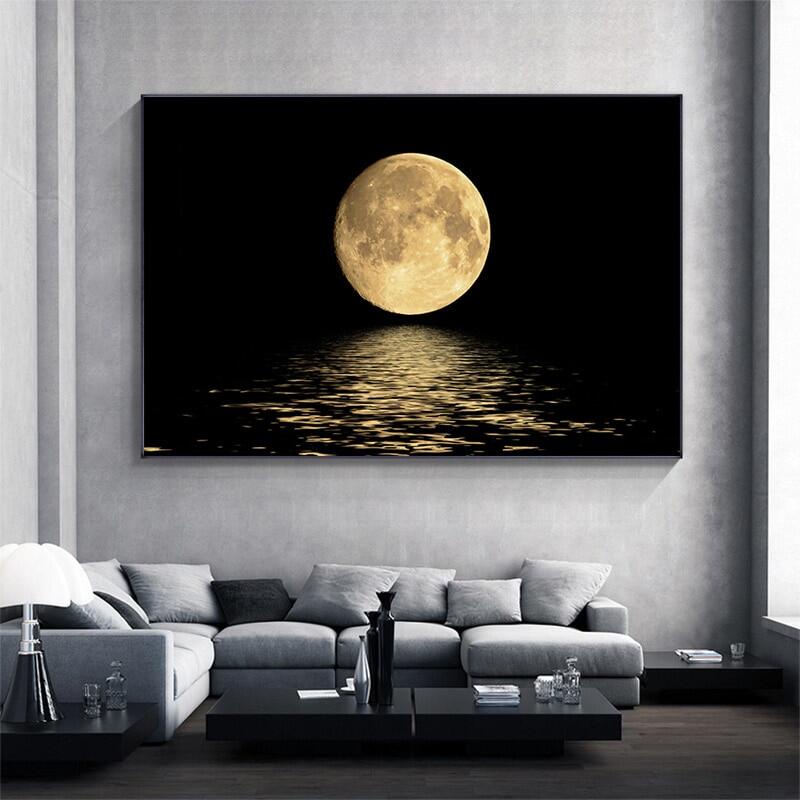 Modern Black and White Moon Reflection Canvas Painting Prints and Wall ...