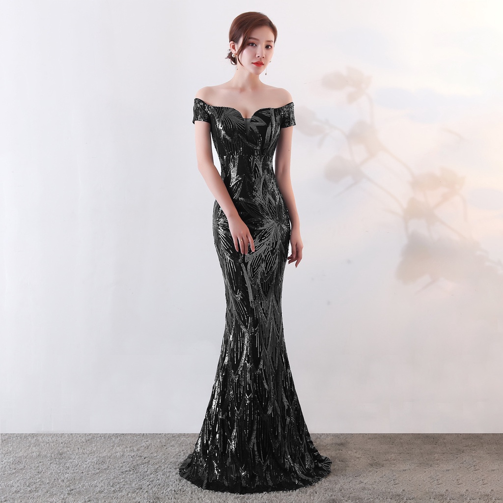 One shoulder dress long fishtail sequin evening dress slim banquet ...