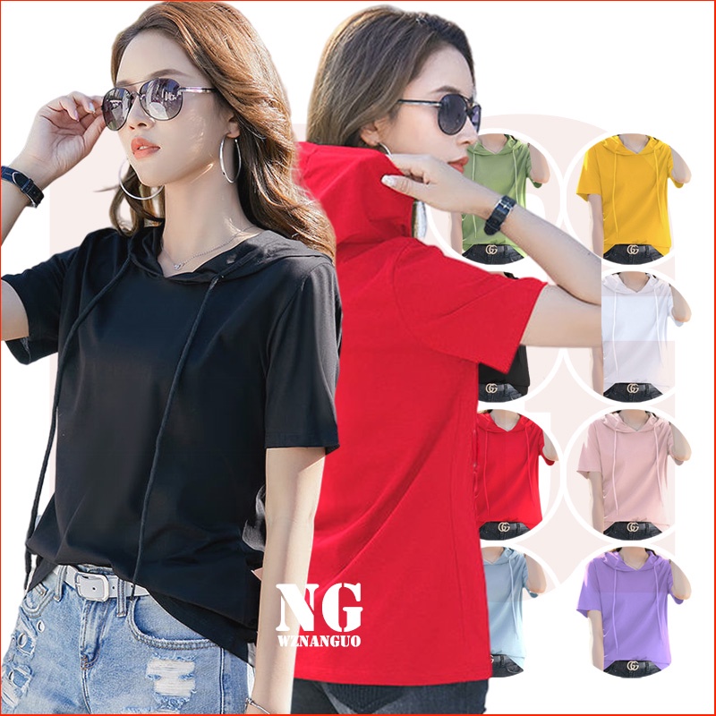 100% Cotton Loose T-shirt Women's Solid Color Hooded T-shirt Women's ...