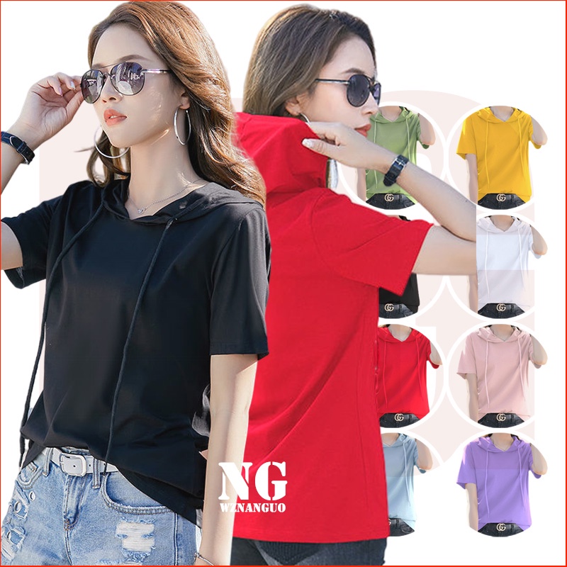 100 Cotton Loose Tshirt Women's Solid Color Hooded Tshirt Women's Short Sleeve Half Sleeve