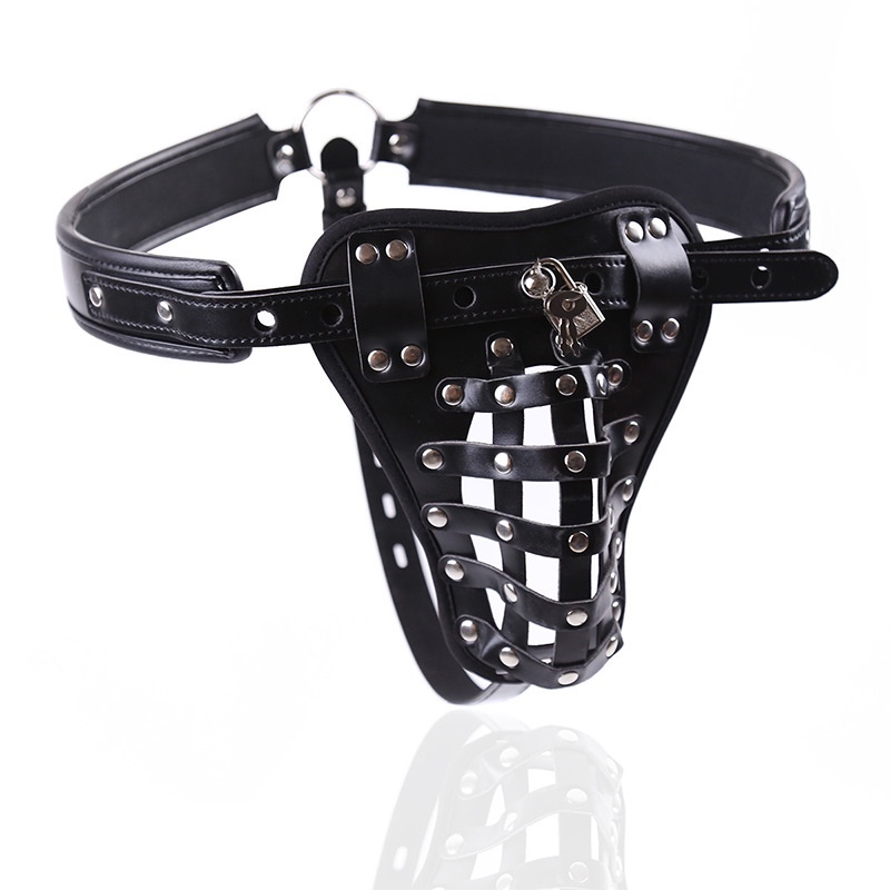 smLeather Chastity Belt Pants Bird Cage with Lock Bondage and ...