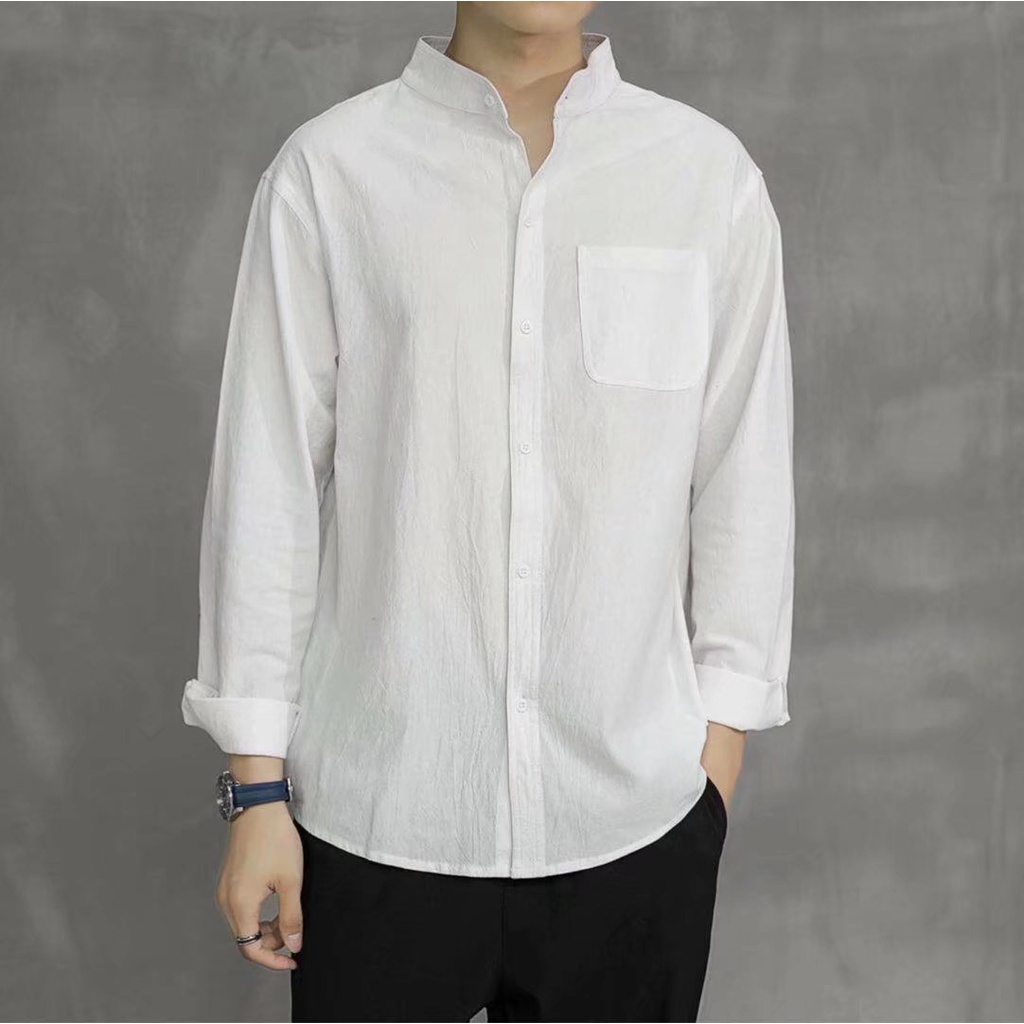 M-3XL 6 Colors Men's Summer Plain White Stand-up Collar Short Sleeve ...