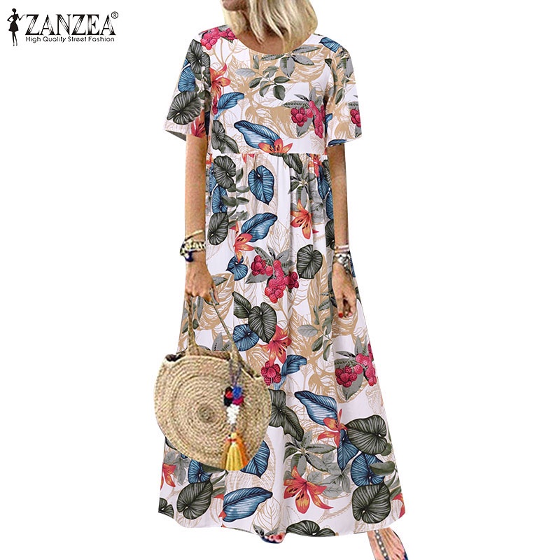 ZANZEA Women Casual Loose Short Sleeve Retro Print Long Dress | Shopee ...