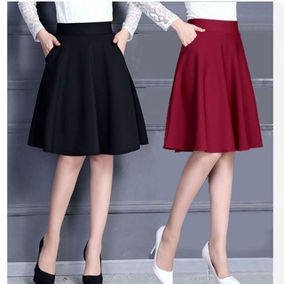 Casual Pure Color Midi Skirt With Elastic Waist Korean Style A-line