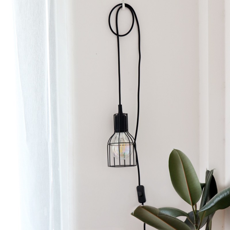 Nordic minimalist wrought iron wall hanging night light black and white lampshade bedroom