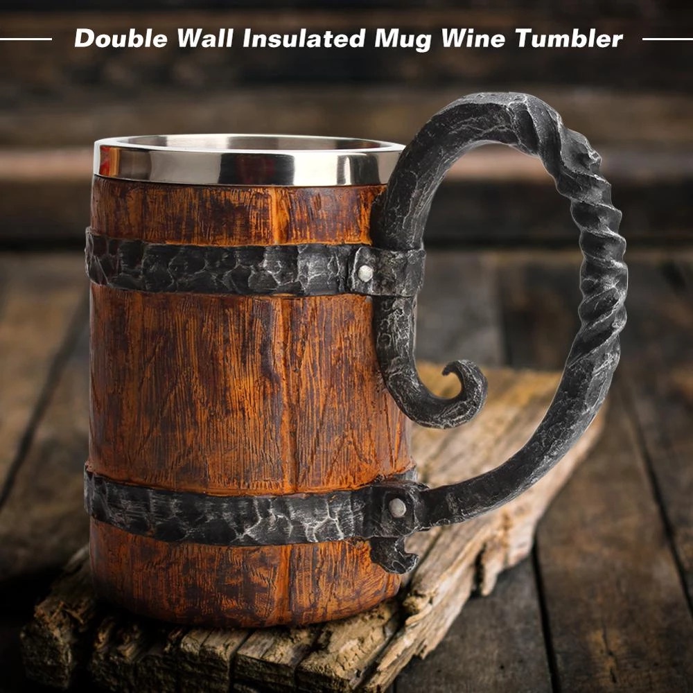 【Fan'】Viking Wood Style Beer Mug Simulation Wooden Barrel Beer Cup ...