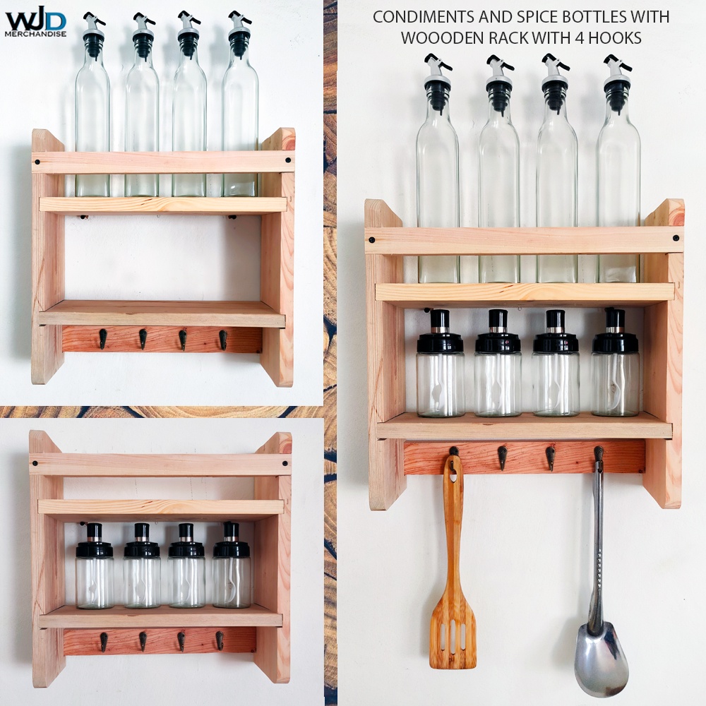Wooden Condiments Rack Storage Kitchen Wall-Mount 4 Hooks (WOODEN RACK ...