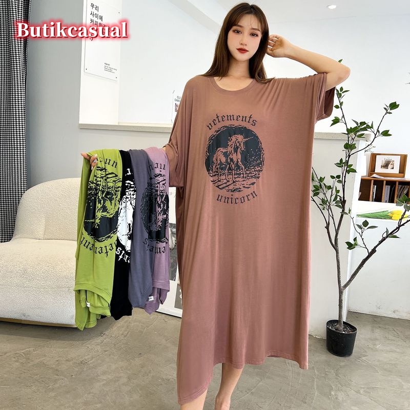 sachin and babi light blue dress Ready Stock Women plus size Dresses Loose Lounge wear Modal Cotton Summer  Sleepwear Korean fat woman Short Sleeves dress 45-110KG