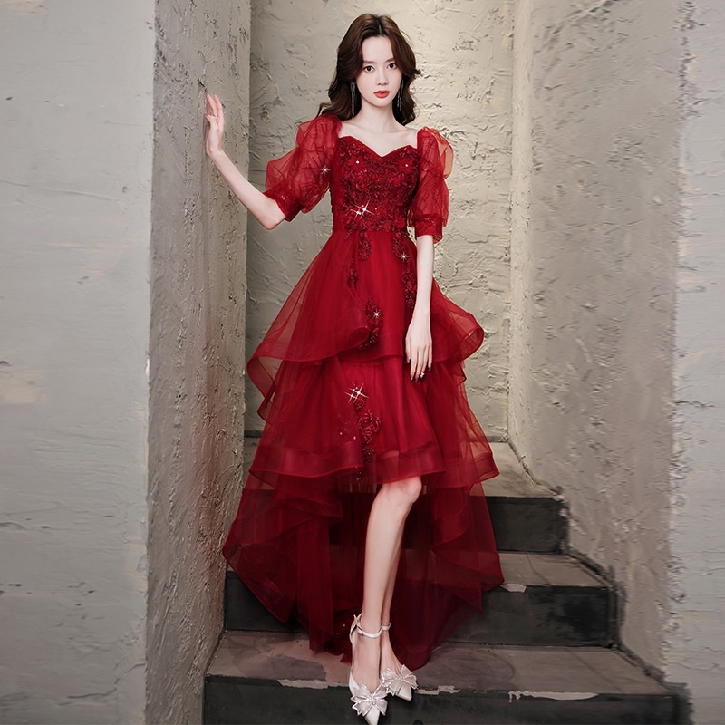 Wine Red Bride Wedding Toast Dress Fairy Temperament Puff Sleeve Engagement  Back Door Slim Dresses Wedding Evening Gown | Shopee Philippines
