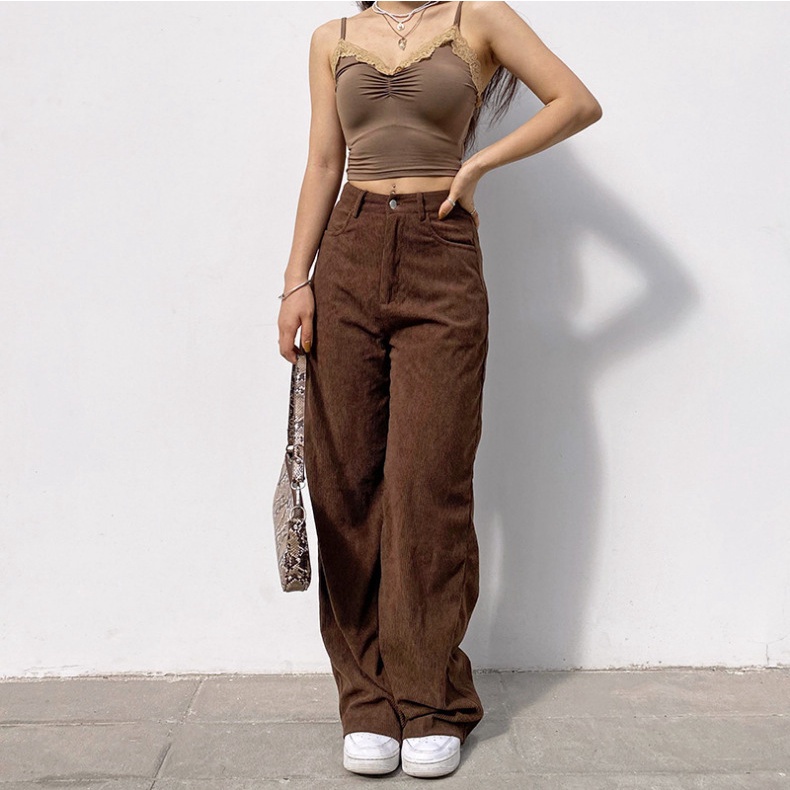 Winter Straight-leg Trousers High-waist Fashion Brown Corduroy With  Temperament Commuter Casual Pants size L Color Brown