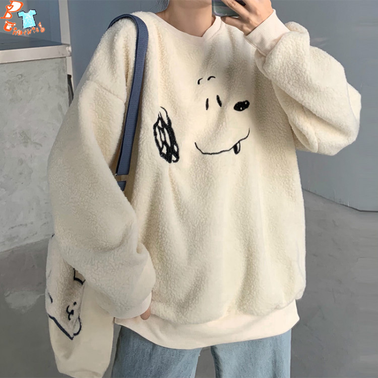 Women Korean Harajuku Fashion Cartoon Print Sweater Loose Plus Velvet ...