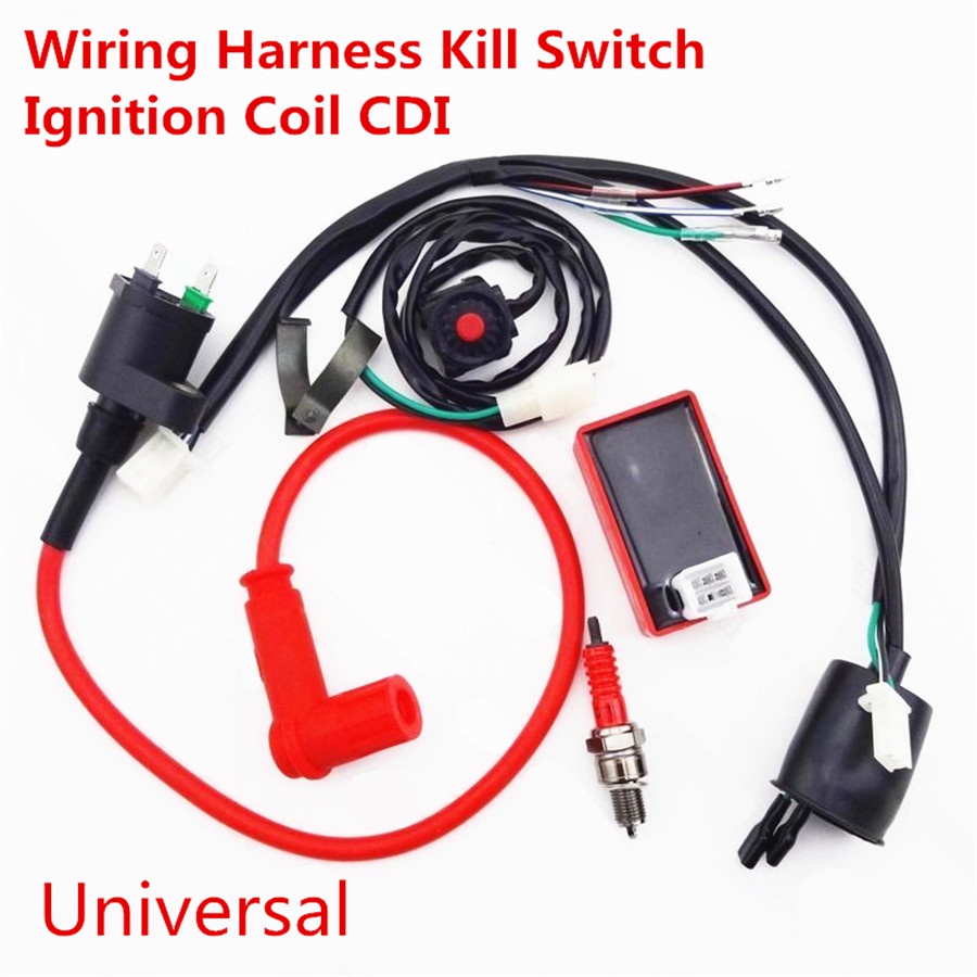 Motorcycle Wiring Harness Kill Switch Ignition Coil CDI Spark Plug Set