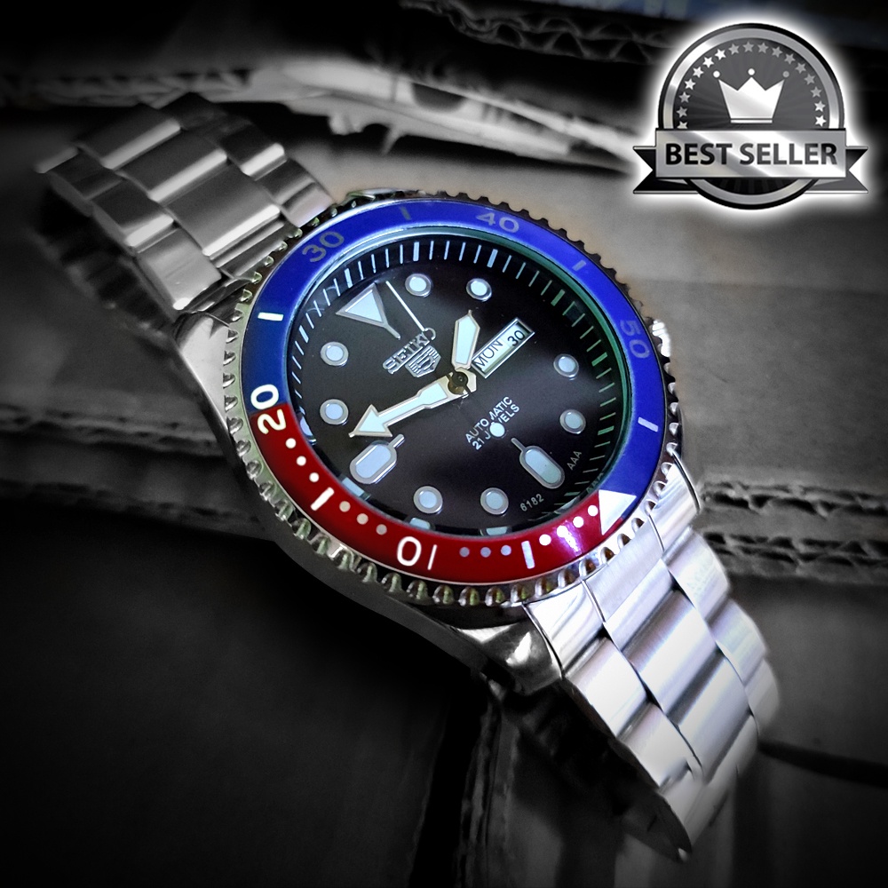 Seiko 5 Automatic 21 Jewels Pepsi Bezel Black Dial Day Date