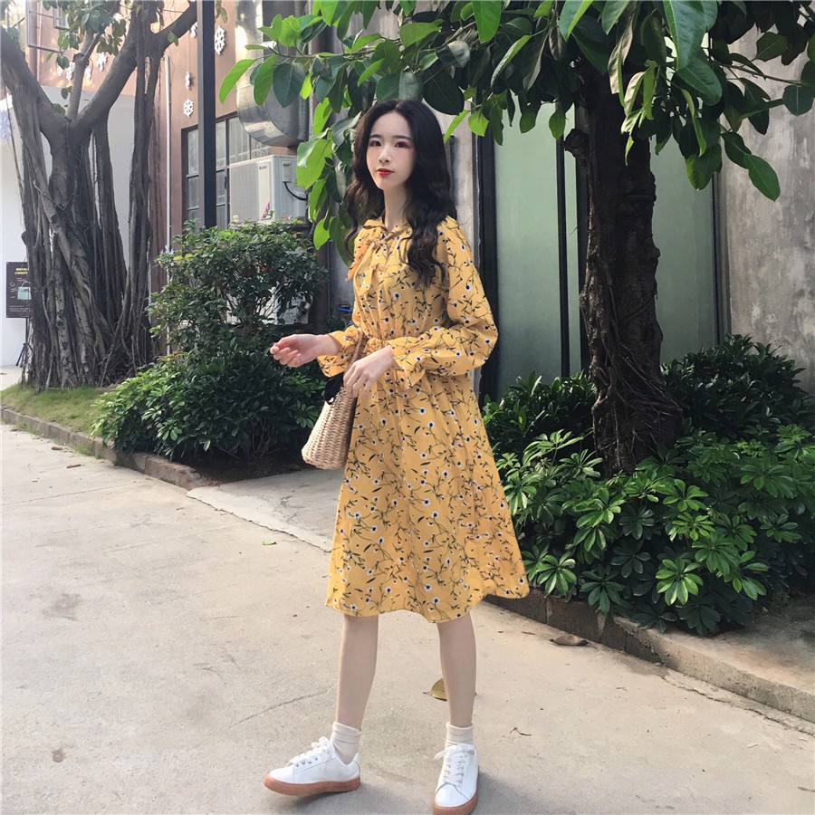 2018 Korean thin large floral dress polyester long sleeves black