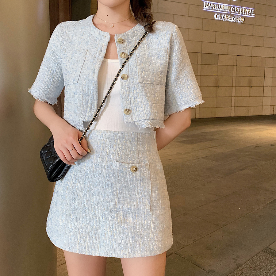 Women Elegant Korean Tweed Outfit New 2021 Summer Short Sleeve Jacket Crop  Top Mini Skirt Suits Ladies Two Piece Set