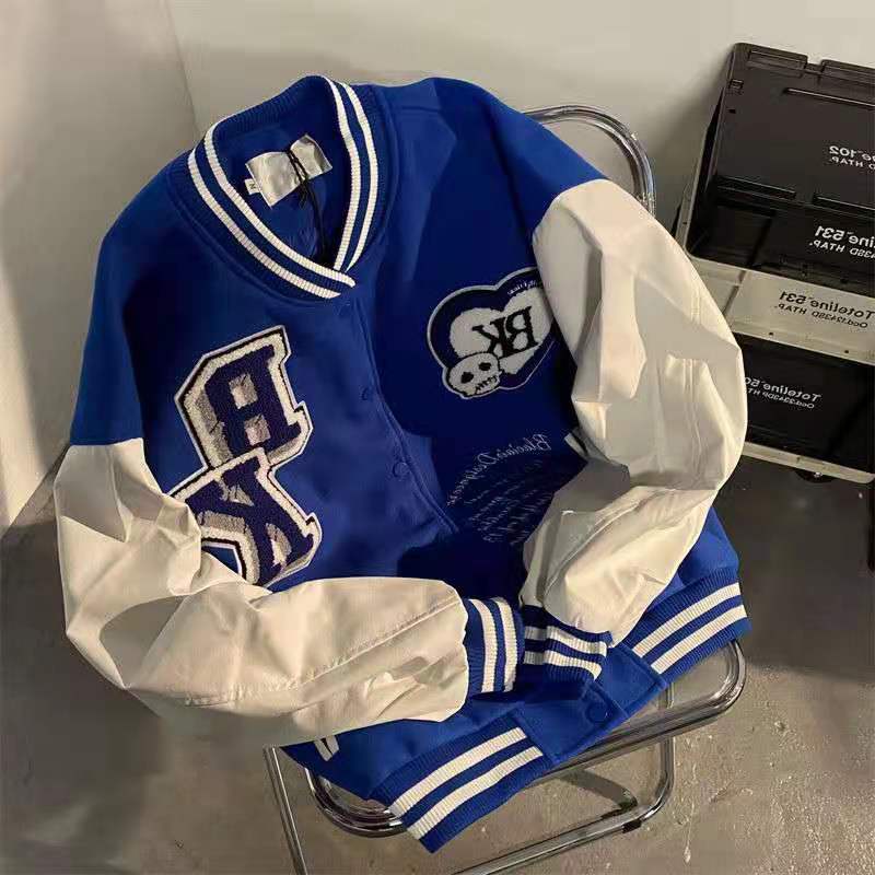 Xianrenge American Retro Letter Embroidered Jackets Coat Y2k Street Hip Hop  Trend Baseball Uniform Couple Casual Loose Jacket, Blue